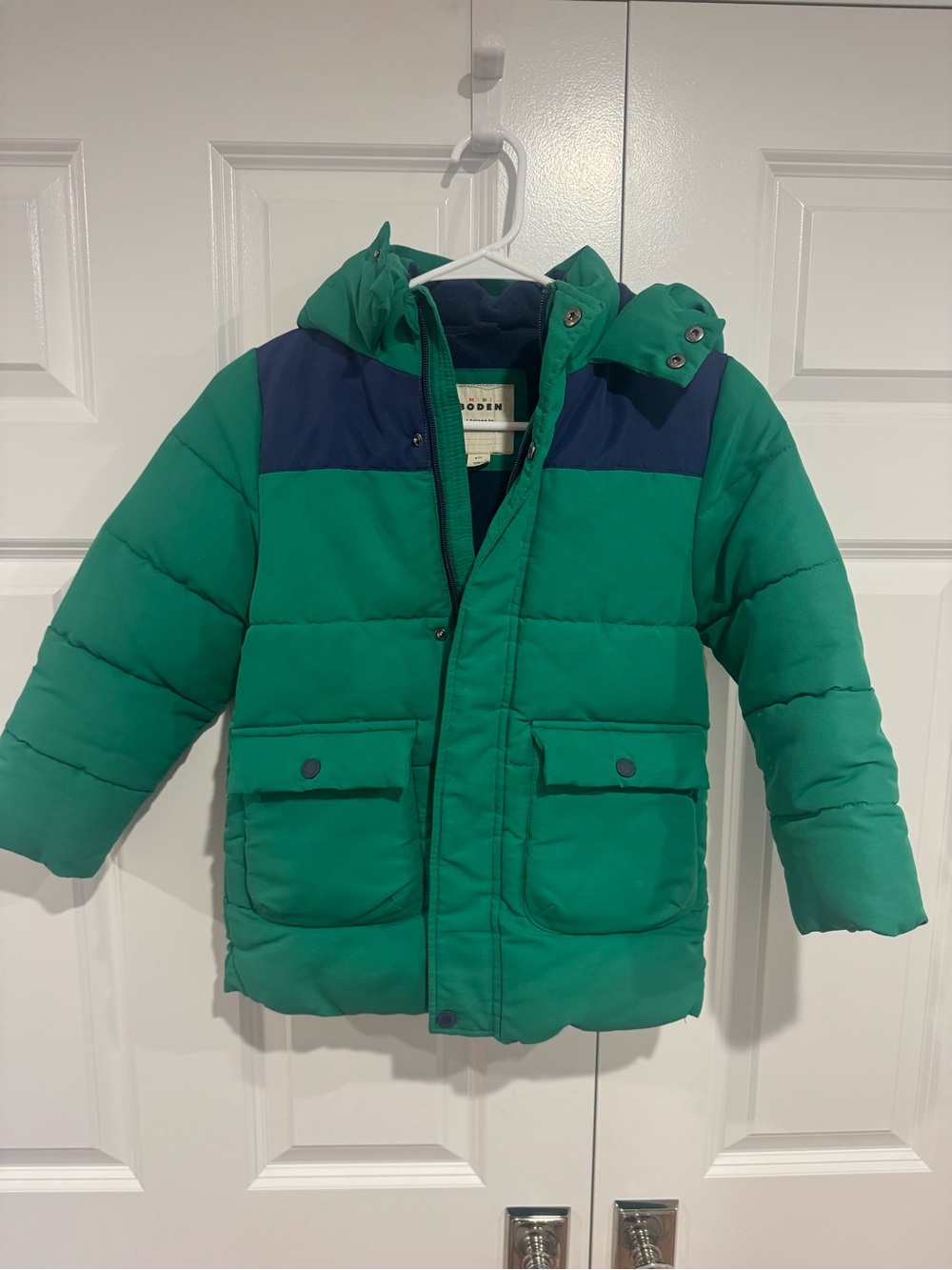 Mini Boden Kids Green Hooded Puffer Jacket Green and Navy